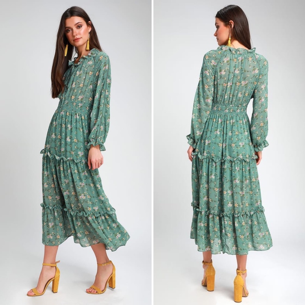 Lulus Delphine sage green floral midi dress NWT